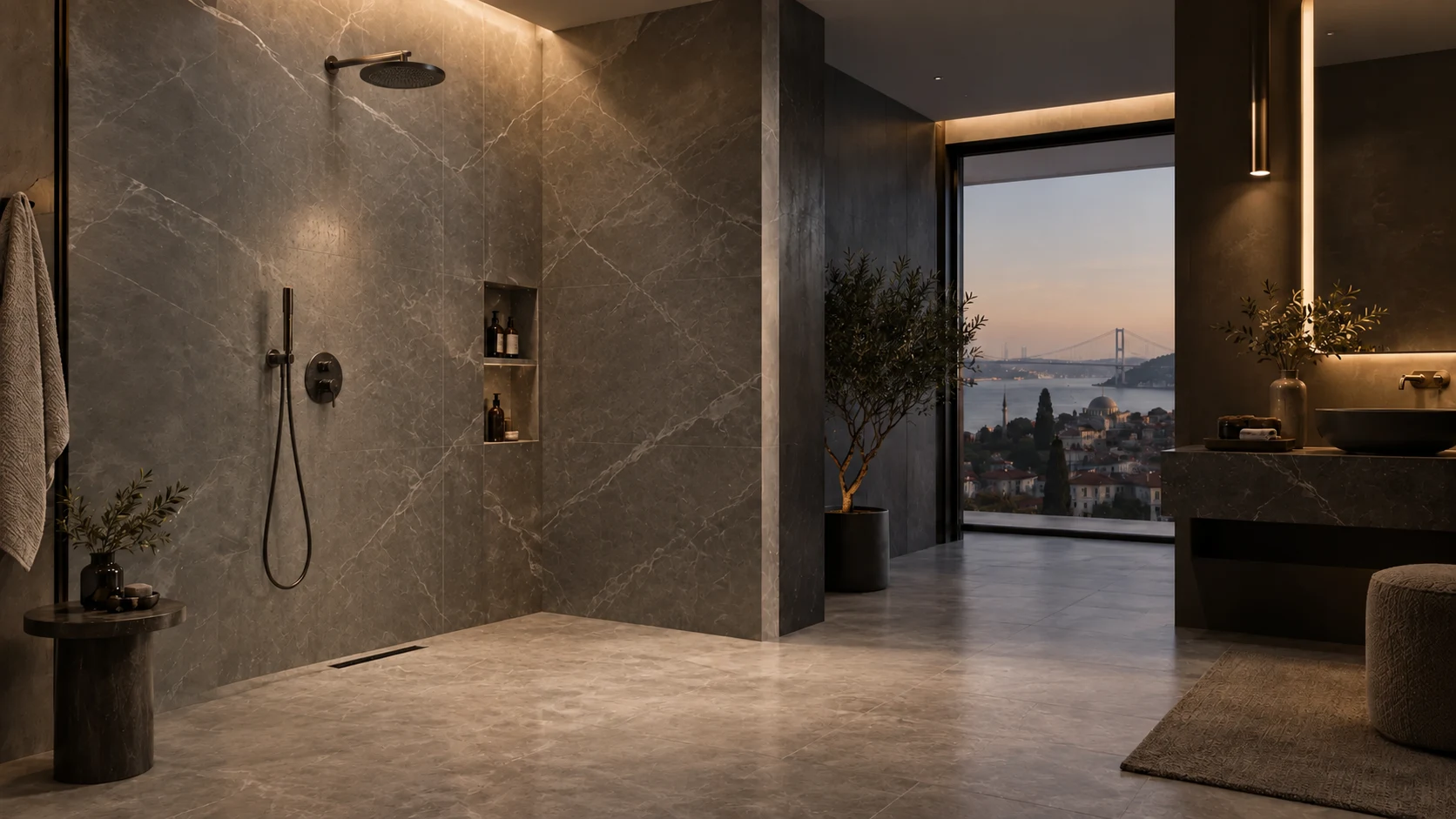 Doğal taş detaylı modern banyo ve cam duşakabin